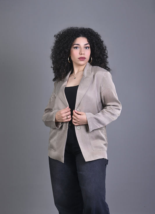 Blazer Femme Beige en Velours Effet Satiné